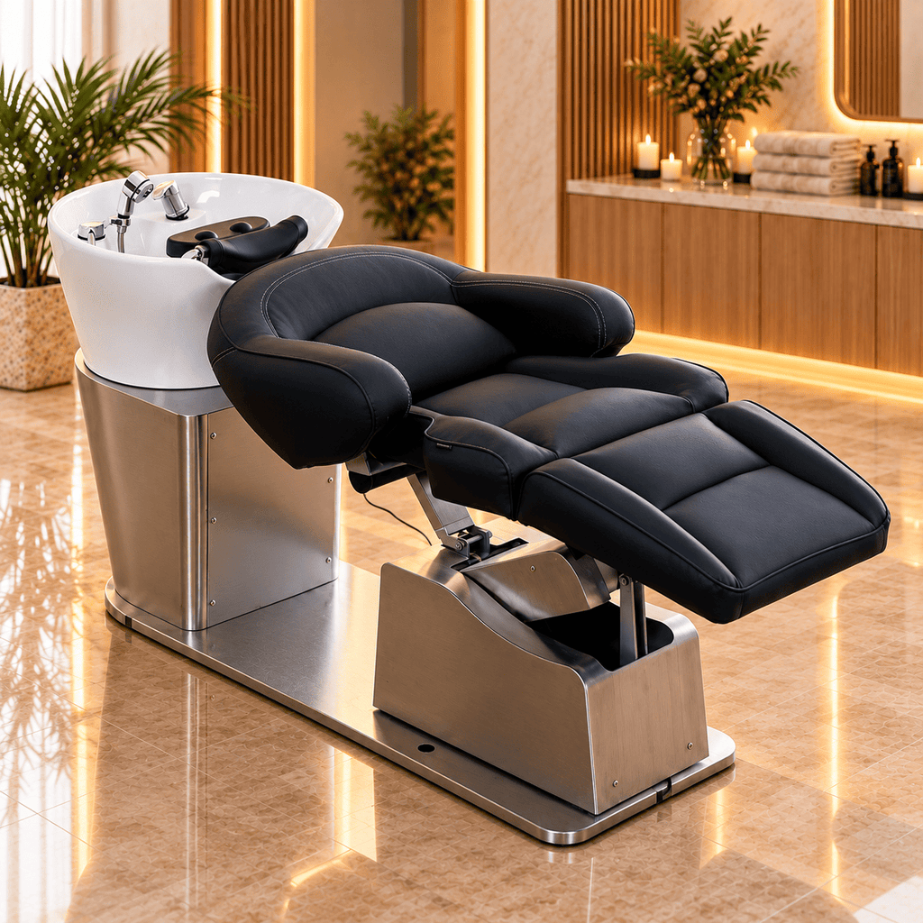 Myjnia fryzjerska Head SPA HP5B rozłożona do pozycji leżącej z misą ceramiczną