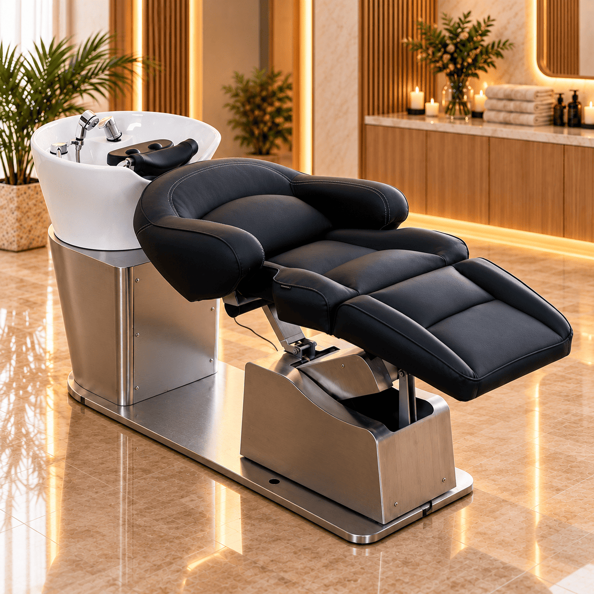 Myjnia fryzjerska Head SPA HP5B rozłożona do pozycji leżącej z misą ceramiczną